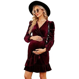 Maternity Velvet Wrap V Neck Puff Long Sleeve Ruffle Belted Midi Dress