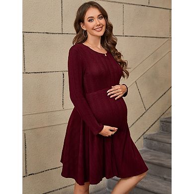 Maternity Sweater Ribbed Knit Round Neck Long Sleeve Baby Shower Midi Dress