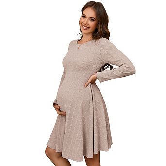 Maternity Sweater Ribbed Knit Round Neck Long Sleeve Baby Shower Midi Dress