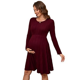Maternity Sweater Ribbed Knit Round Neck Long Sleeve Baby Shower Midi Dress