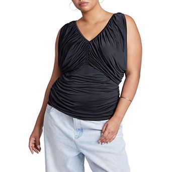 ELOQUII Women's Plus Size Shirred Bust V-Neck Top