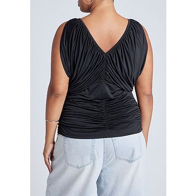 ELOQUII Women's Plus Size Shirred Bust V-Neck Top