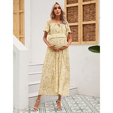Maternity Dress Square Neck Ruffle Short Sleeve Smocked Maxi Dress Photoshoot