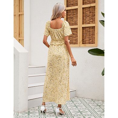 Maternity Dress Square Neck Ruffle Short Sleeve Smocked Maxi Dress Photoshoot