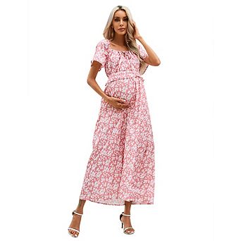 Maternity Dress Square Neck Ruffle Short Sleeve Smocked Maxi Dress Photoshoot