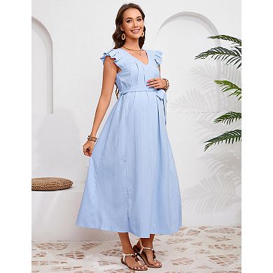 Maternity Dress Summer Ruffle Cap Sleeve V Neck Pleated Belted Midi Dress Baby Shower Photoshoot