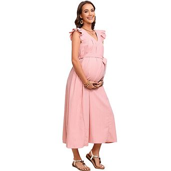 Maternity Dress Summer Ruffle Cap Sleeve V Neck Pleated Belted Midi Dress Baby Shower Photoshoot