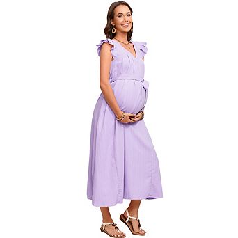 Maternity Dress Summer Ruffle Cap Sleeve V Neck Pleated Belted Midi Dress Baby Shower Photoshoot