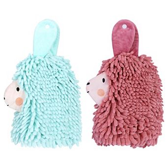 Cute Cartoon Alpaca Fuzzy Ball Hand Towel, 2 pc Absorbent Chenille Decorative Hanging Towels 7"x11"