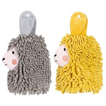 Cute Cartoon Alpaca Fuzzy Ball Hand Towel, 2 pc Absorbent Chenille Decorative Hanging Towels 7"x11"