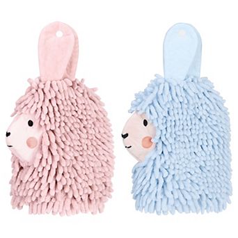 Cute Cartoon Alpaca Fuzzy Ball Hand Towel, 2 pc Absorbent Chenille Decorative Hanging Towels 7"x11"
