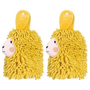 Cute Cartoon Alpaca Fuzzy Ball Hand Towel, 2 pc Absorbent Chenille Decorative Hanging Towels 7"x11"
