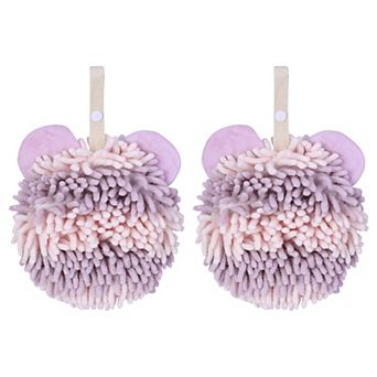 2 pc Fuzzy Ball Hand Towels, Soft Absorbent Chenille Hand Towel, Cute Bear Shape Hanging Towel 7"x7"