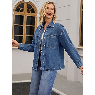 Women's Turndown Collar Jean Jackets Fall Button Down Pockets Denim Jacket
