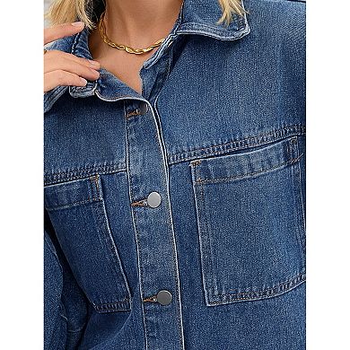 Women's Turndown Collar Jean Jackets Fall Button Down Pockets Denim Jacket