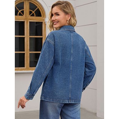 Women's Turndown Collar Jean Jackets Fall Button Down Pockets Denim Jacket