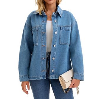 Women's Turndown Collar Jean Jackets Fall Button Down Pockets Denim Jacket