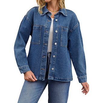 Women's Turndown Collar Jean Jackets Fall Button Down Pockets Denim Jacket