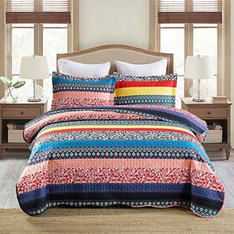 MarCielo Soft Polyester 3 pc Bohemian Striped Multicolor Quilt Bedspread Set