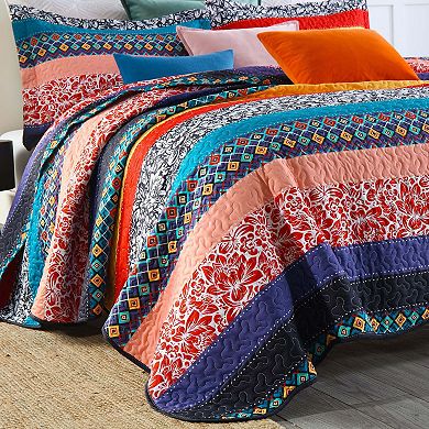 MarCielo Soft Polyester 3 Pcs Bohemian Striped Multicolor Quilt Bedspread Set