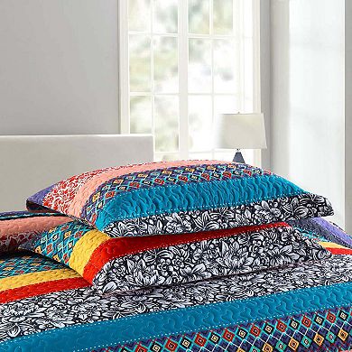 MarCielo Soft Polyester 3 Pcs Bohemian Striped Multicolor Quilt Bedspread Set