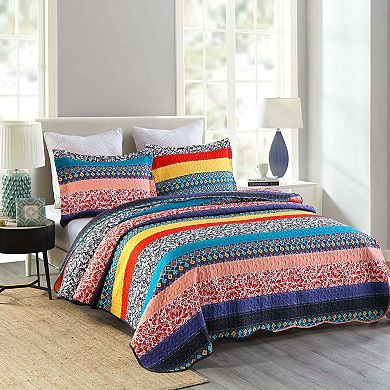 MarCielo Soft Polyester 3 Pcs Bohemian Striped Multicolor Quilt Bedspread Set