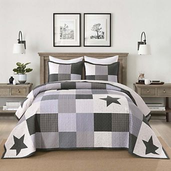 MarCielo 3 pc 100% Cotton Modern Star Pattern Checkered Quilt Bedspread Set