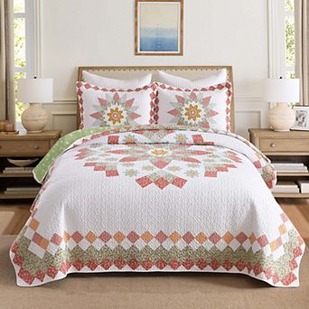 MarCielo 3 pc 100% Cotton Vibrant Floral Patchwork Quilt Bedspread Set