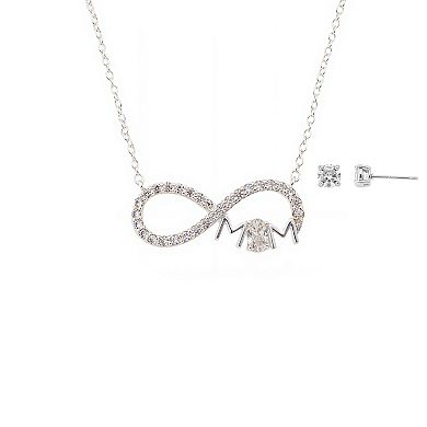 Brilliance Silver Plated Cubic Zirconia "Mom" Infinity Necklace & Earring Set