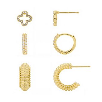 Brilliance 14k Gold-Plated Crystal Clover & CZ Hoop Earring Set