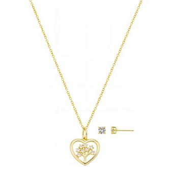 Brilliance 14k Gold Flash-Plated Heart Family Tree Necklace & Cubic Zirconia Earring Set
