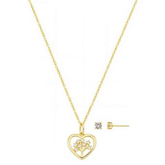 Brilliance 14k Gold Flash-Plated Heart Family Tree Necklace & Cubic Zirconia Earring Set