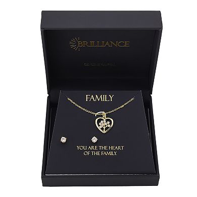 Brilliance 14k Gold Flash-Plated Heart Family Tree Necklace & Cubic Zirconia Earring Set