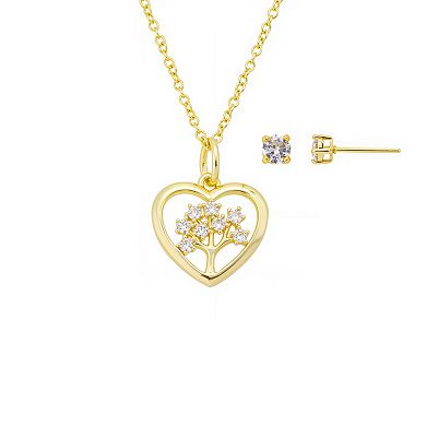 Brilliance 14k Gold Flash-Plated Heart Family Tree Necklace & Cubic Zirconia Earring Set
