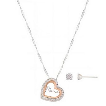 Brilliance Two-Tone Cubic Zirconia "Mama" Open Heart Twist Chain & Earring Set