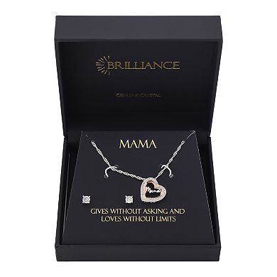 Brilliance Two-Tone Cubic Zirconia "Mama" Open Heart Twist Chain & Earring Set