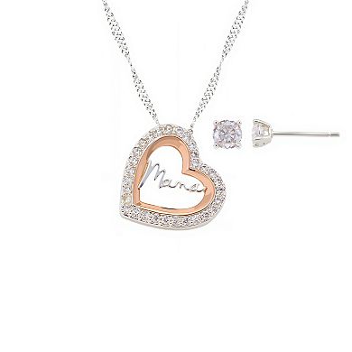 Brilliance Two-Tone Cubic Zirconia "Mama" Open Heart Twist Chain & Earring Set