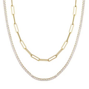 Adornia 14k Gold Plated Tennis & Paperclip Chain Necklace Set