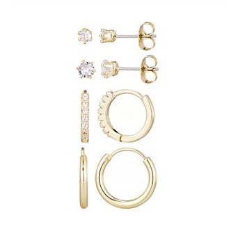 Adornia 14k Gold Plated Cubic Zirconia Hoop & Stud Earring Set