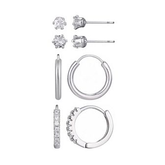 Adornia Silver Tone Cubic Zirconia Hoop & Stud Earring Set