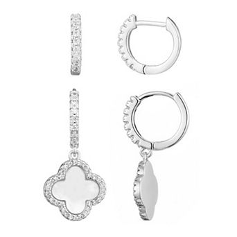 Adornia Silver Tone Cubic Zirconia Clover Huggie 2-Pair Earring Set