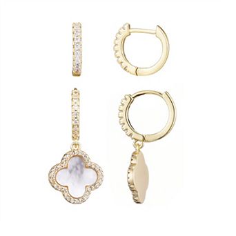 Adornia 14k Gold Plated Clover Cubic Zirconia Huggie 2-Pair Earring Set