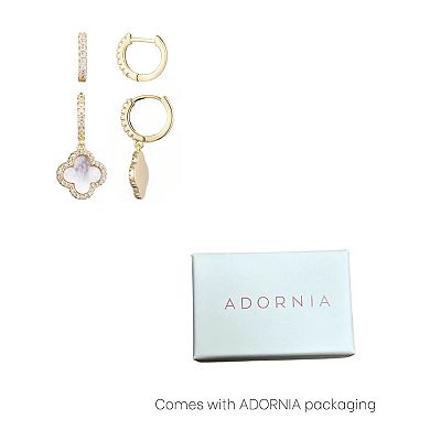 Adornia 14k Gold Plated Clover Cubic Zirconia Huggie 2-Pair Earring Set