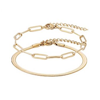 Adornia Tarnish Resistant 18k Gold Plated Chain 2 pc Bracelet Set