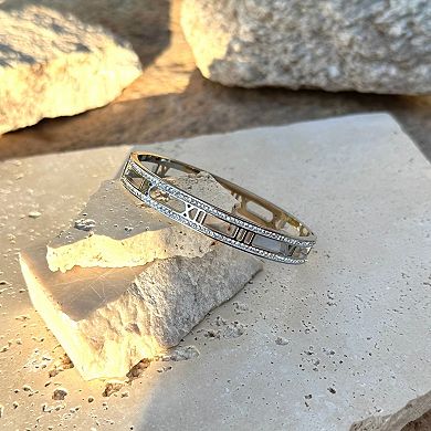 Adornia Silver Tone Tarnish Resistant Roman Numerals Cubic Zirconia Bangle Bracelet