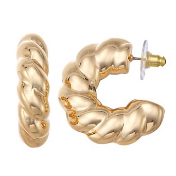 Nine West Gold-Tone Puffy Twisted C-Hoop Earrings