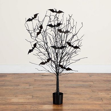 nearly natural 4-ft. Pre-Lit Artificial Halloween Twig Tree with Bats & 50 LED Lights