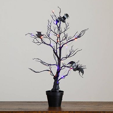 Nearly Natural 2-ft. Pre-Lit Artificial Halloween Twig Tree with Bats & LED Lights