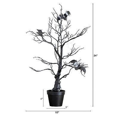 Nearly Natural 2-ft. Pre-Lit Artificial Halloween Twig Tree with Bats & LED Lights