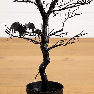 Nearly Natural 3-ft. Pre-Lit Artificial Halloween Twig Tree with Bats & LED Lights